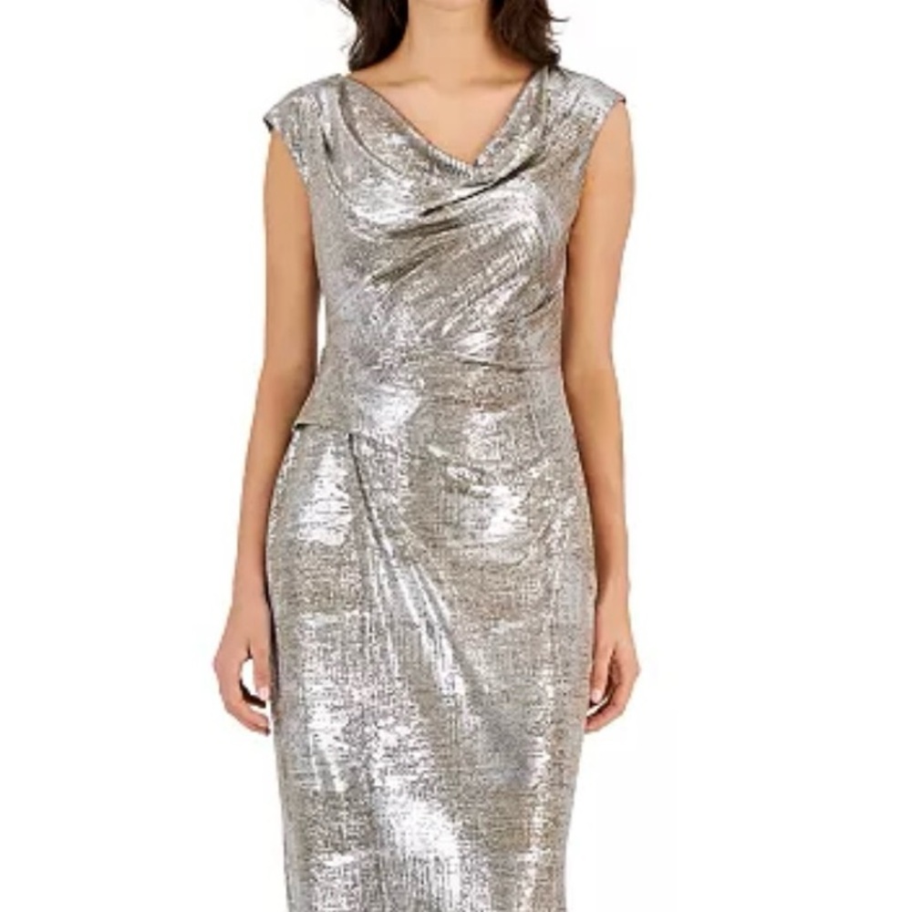 Connected Apparel Metallic Silver Gold Cap Sleeve Evening Gown Dress Size 10